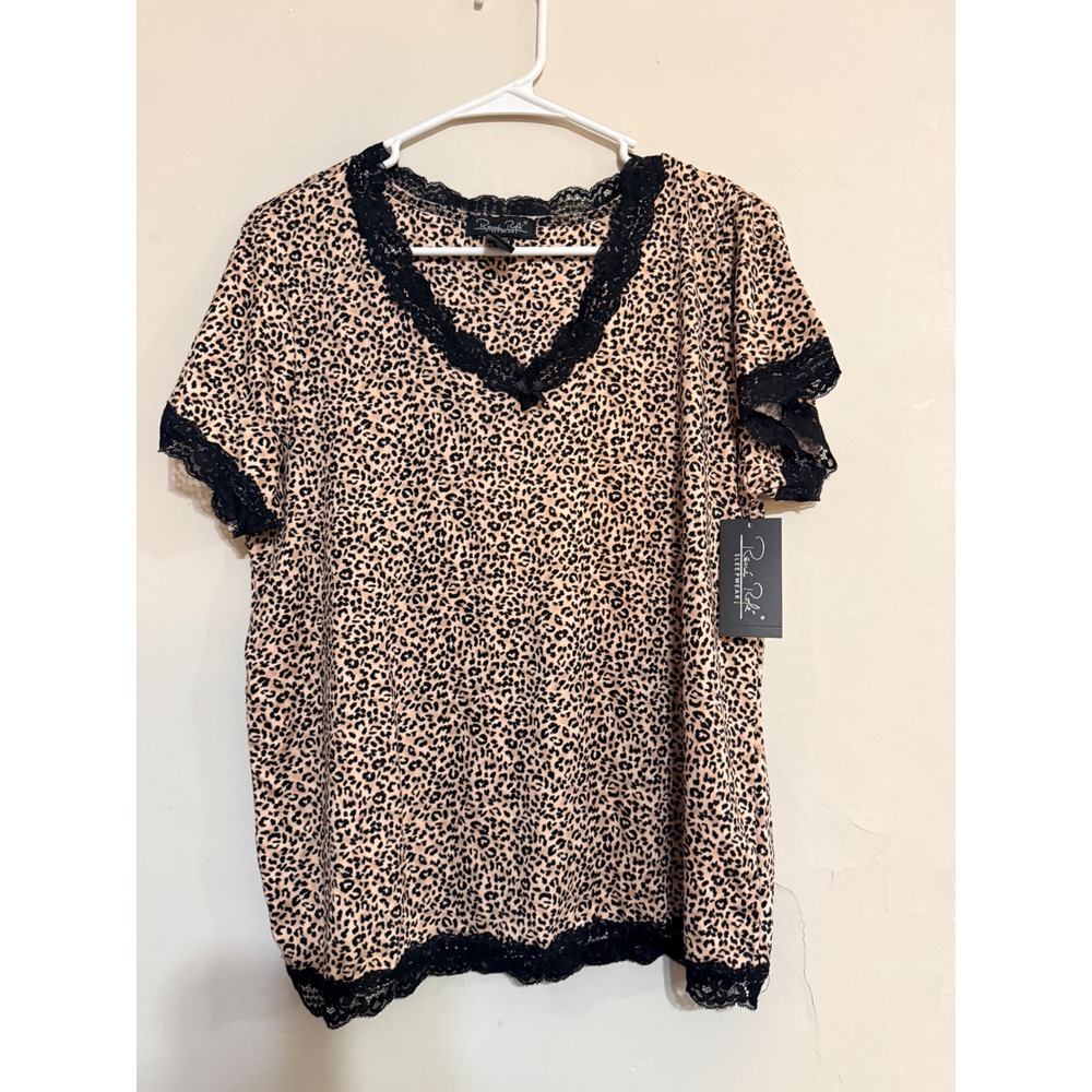 Rene Rofe Sleepwear Cheetah Print Lace Trim V Neck Short Sleeve Top Women's M